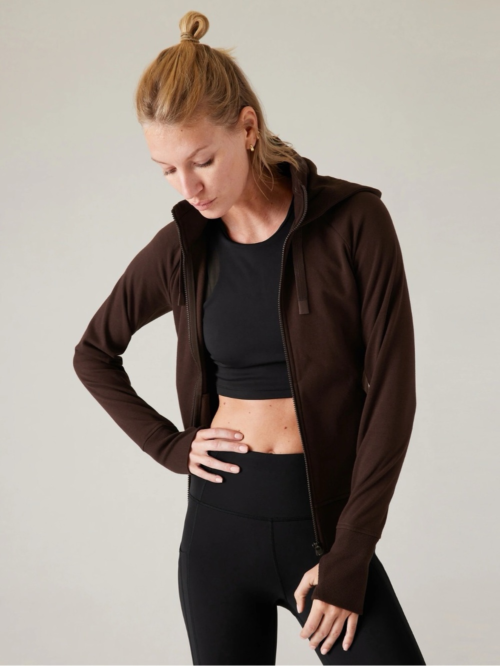 Athleta Triumph Hoodie Brown XL Full Zip Athletic Jacket Workout Fall Neutral
